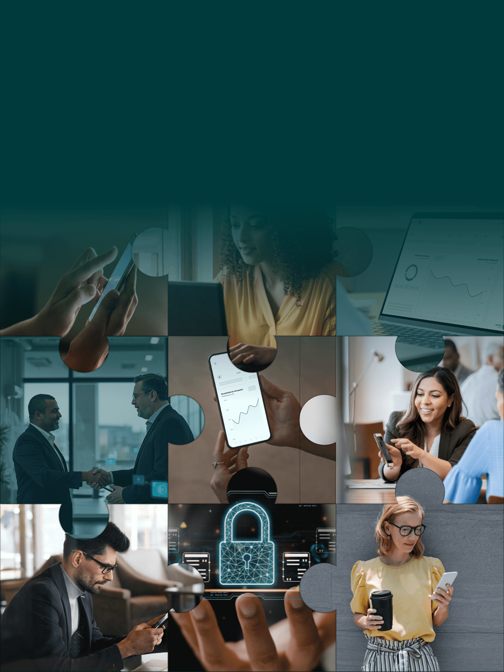 Mosaico em formato de peças de quebra-cabeça mostrando diferentes profissionais utilizando tecnologia e analisando dados financeiros, simbolizando a integração do Smart Banking ao negócio