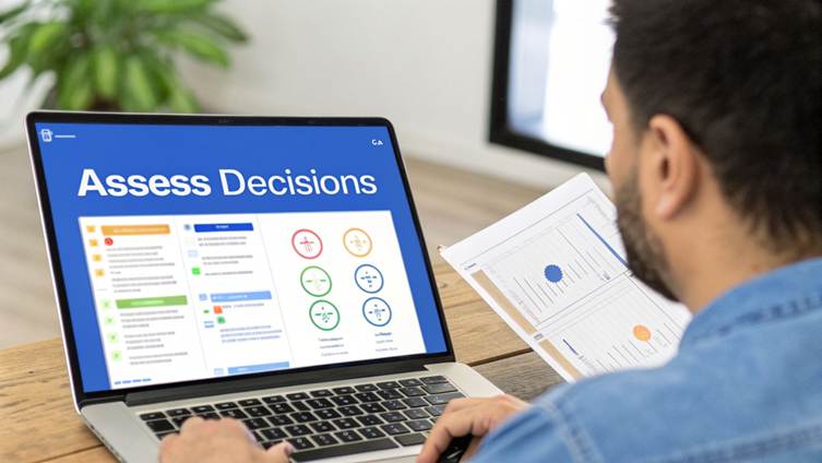 A man reviews a laptop screen displaying an 'Assess Decisions' dashboard while holding a report.