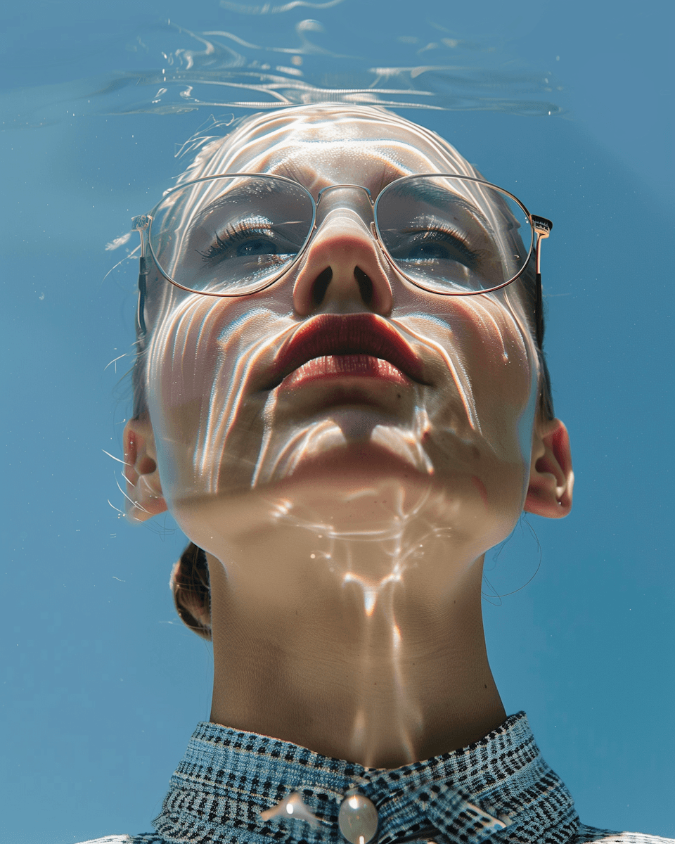 woman under water wearing glasses