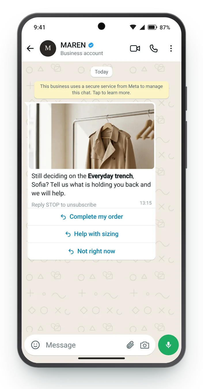 Ask what is holding them back: WhatsApp cart reminder on an Android phone