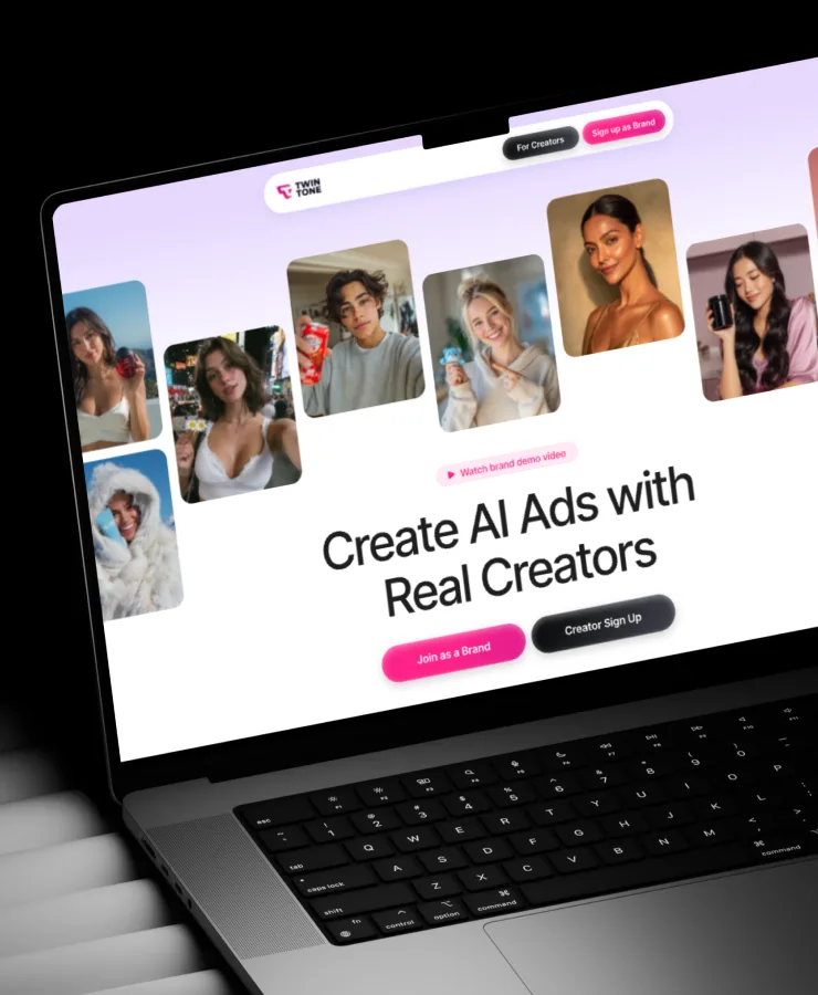 Mobile crop of the TwinTone landing page with AI creators and sign-up actions.