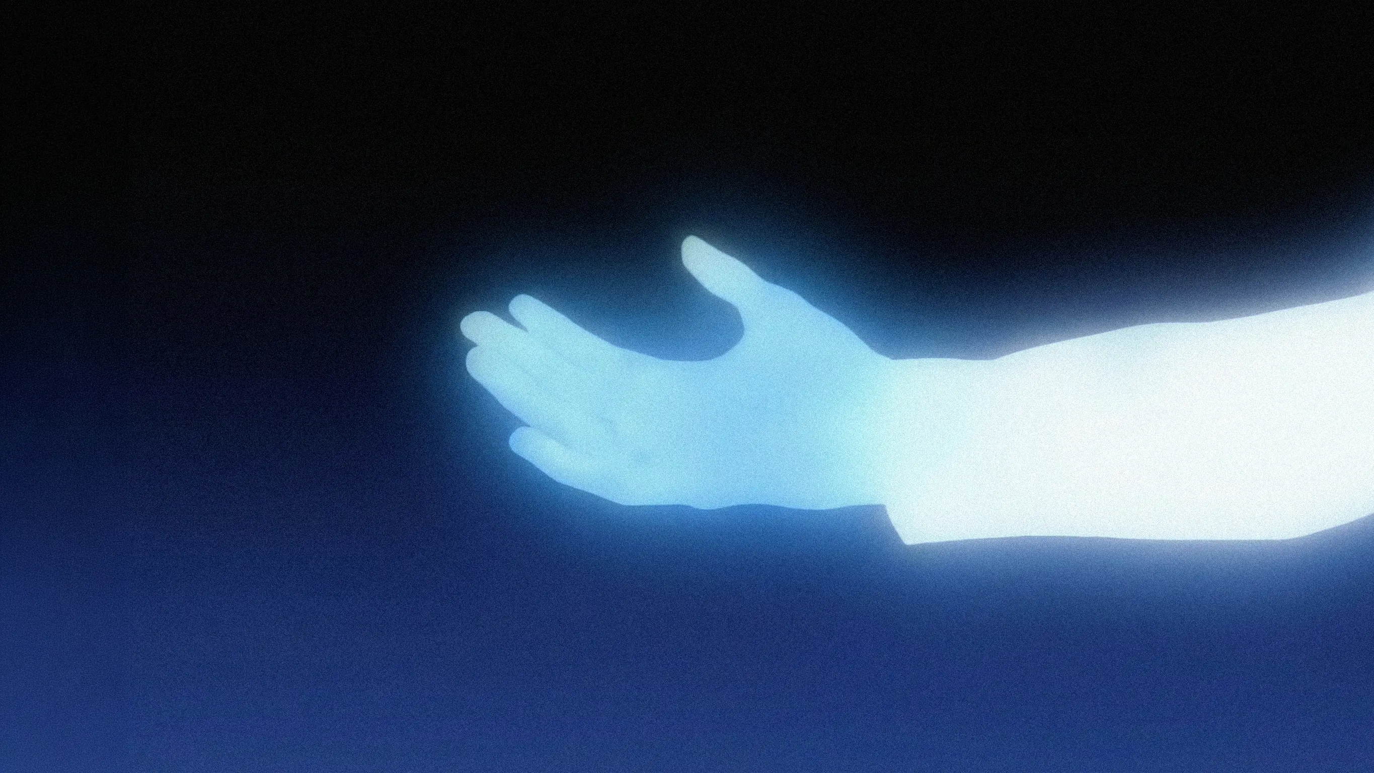 Glowing blue human hand emerging from darkness, softly illuminated with a grainy texture