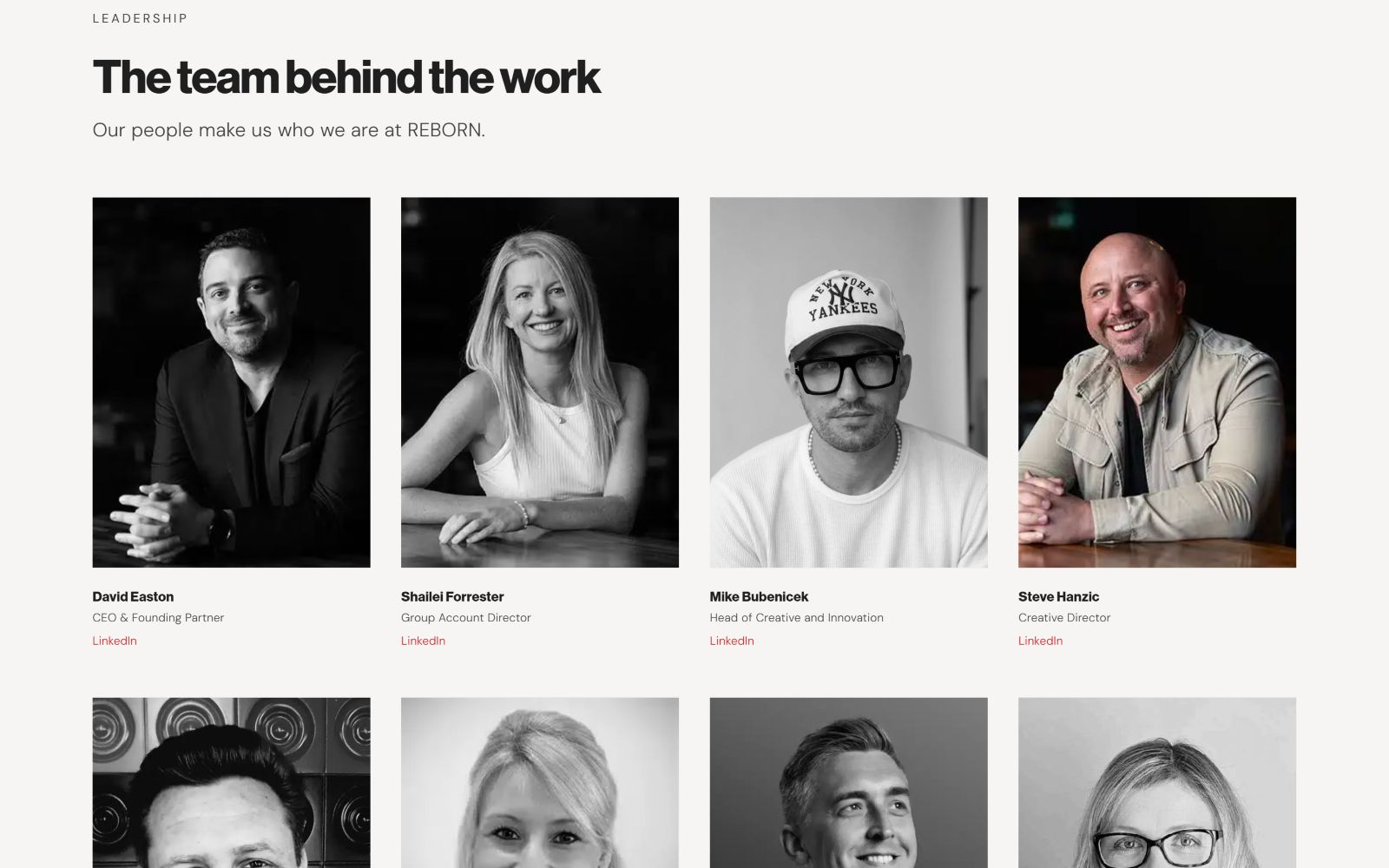 Black-and-white portraits of team members with names, titles, and LinkedIn links beneath each image on a clean white background.