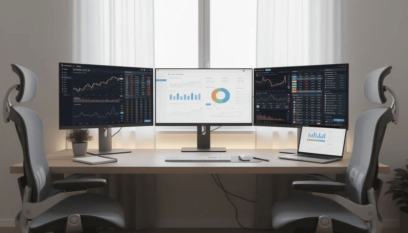 The image depicts a modern home office featuring multiple computer monitors displaying various investment platforms and financial dashboards, emphasizing personal finance strategies such as stock market trends, retirement savings, and passive income opportunities. This setup reflects a focus on building wealth through diversified portfolios and investment decisions aimed at generating income streams.