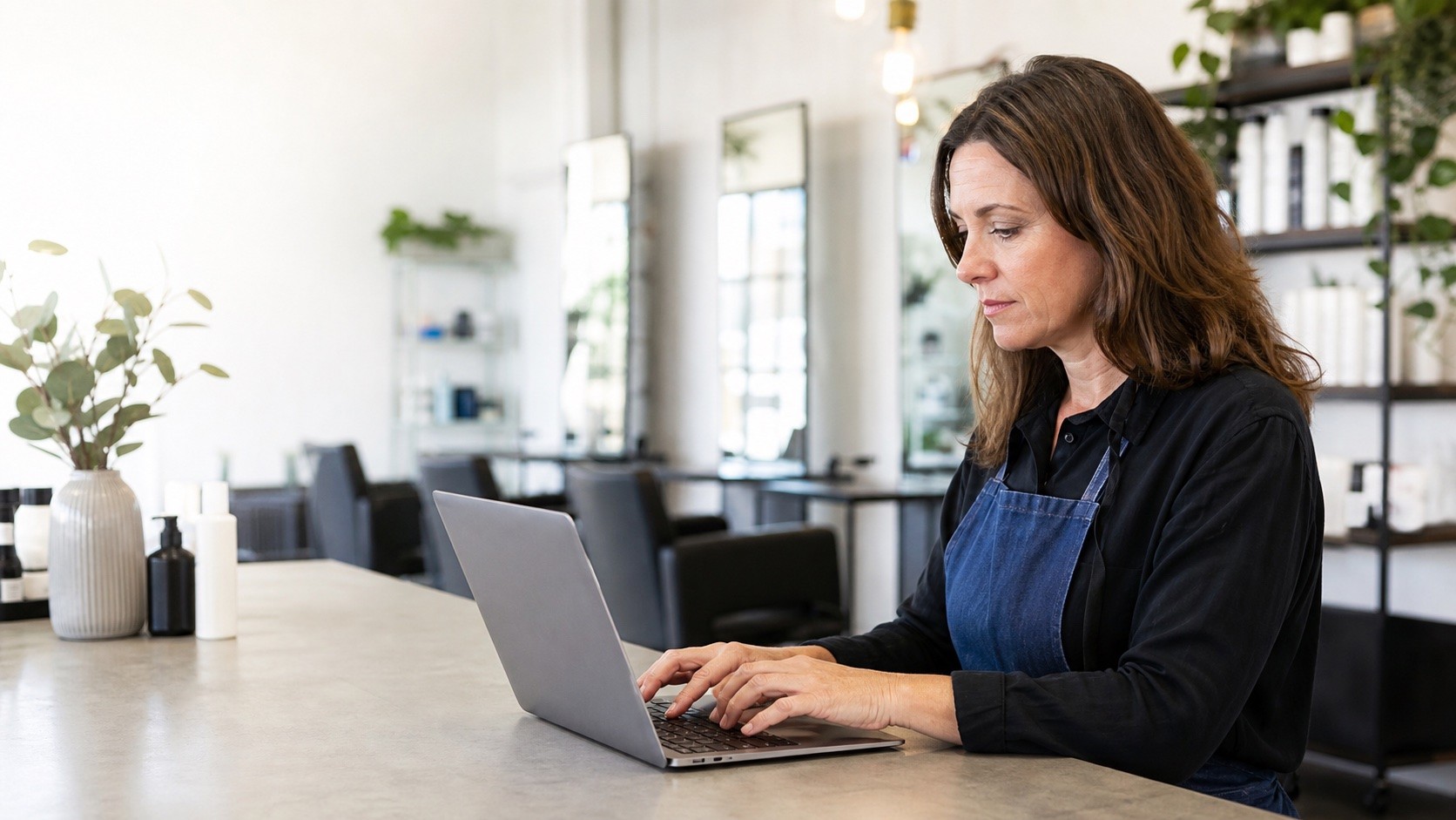 Saloninhaberin prüft die Bedienung einer Online-Terminbuchung am Laptop