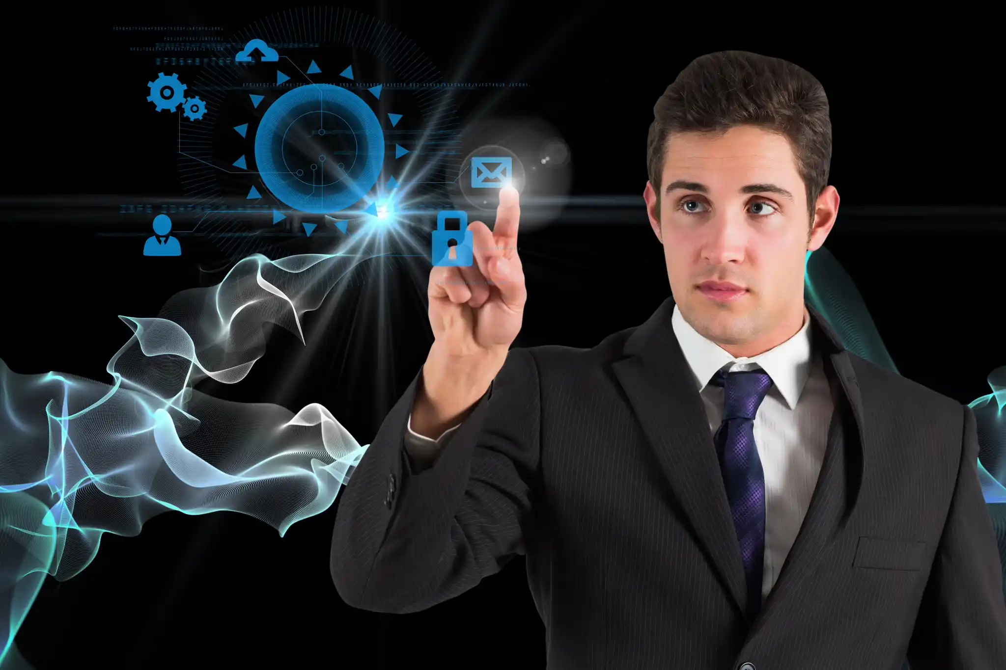 Businessman managing cybersecurity interface