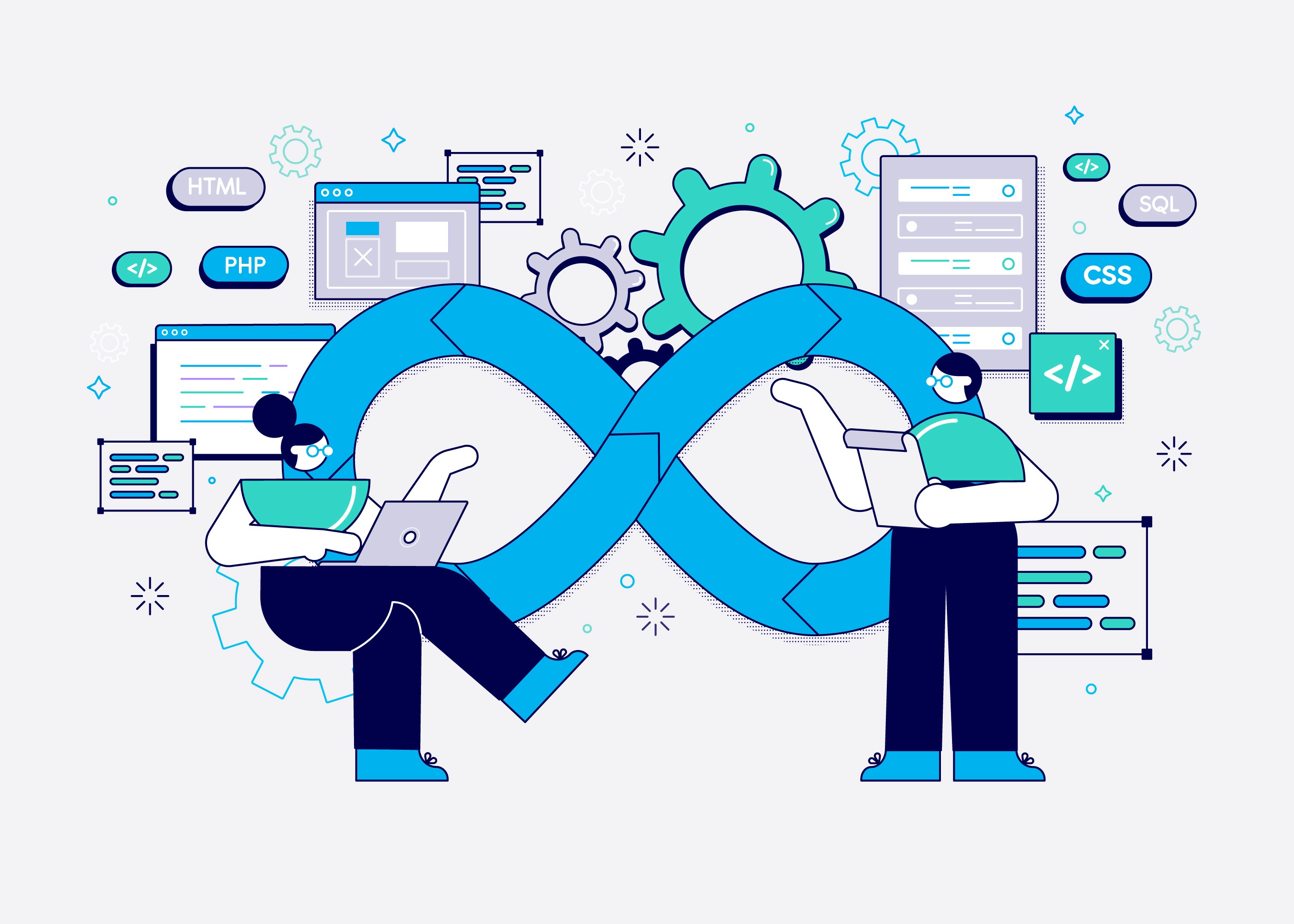 DevOps engineers collaborating through infinity symbol with coding tools and programming languages like HTML, PHP, CSS, and SQL floating around