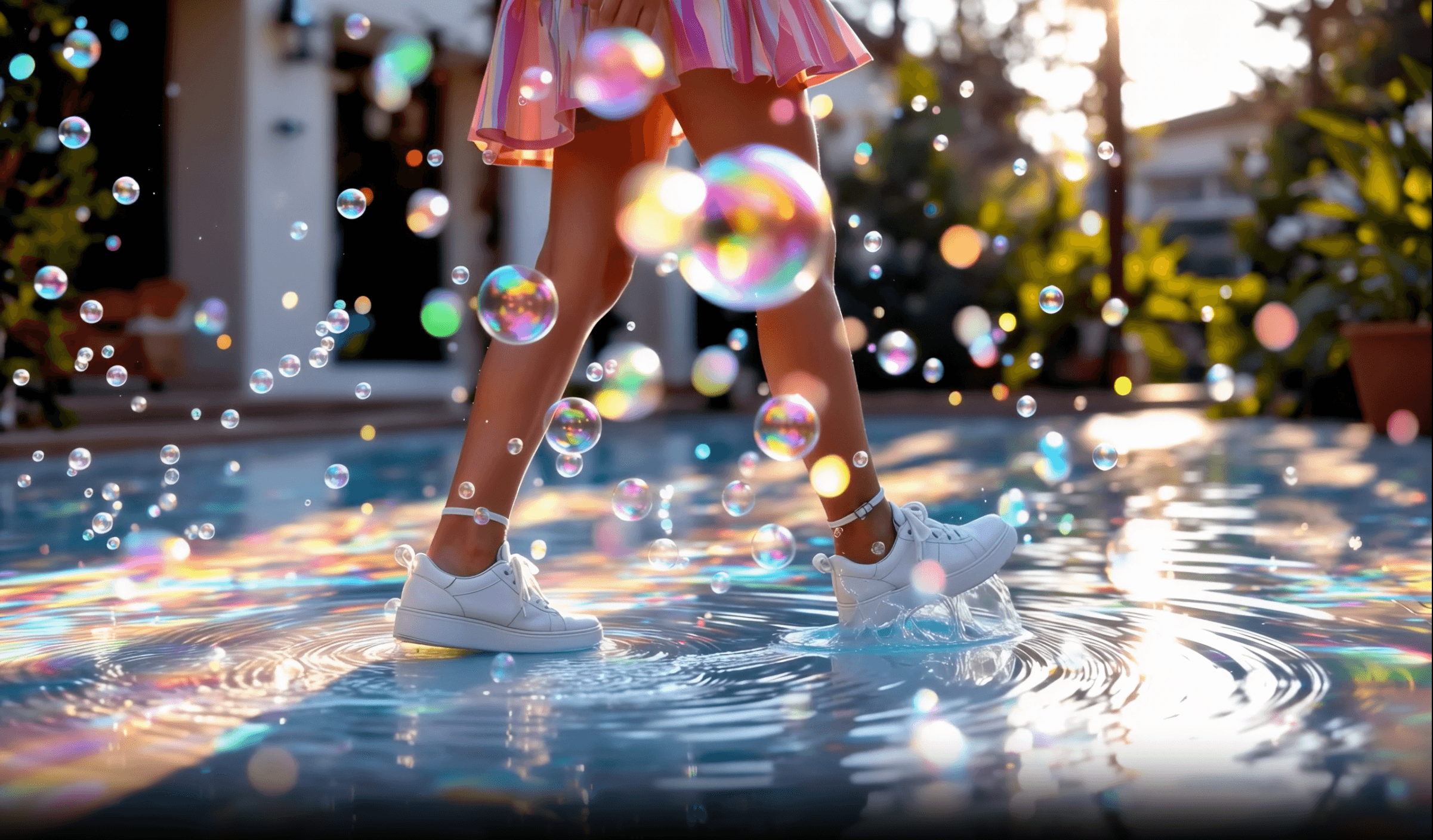 Frau in Rock und Sportschuhen geht auf Wasser während Seifenblasen hochsteigen