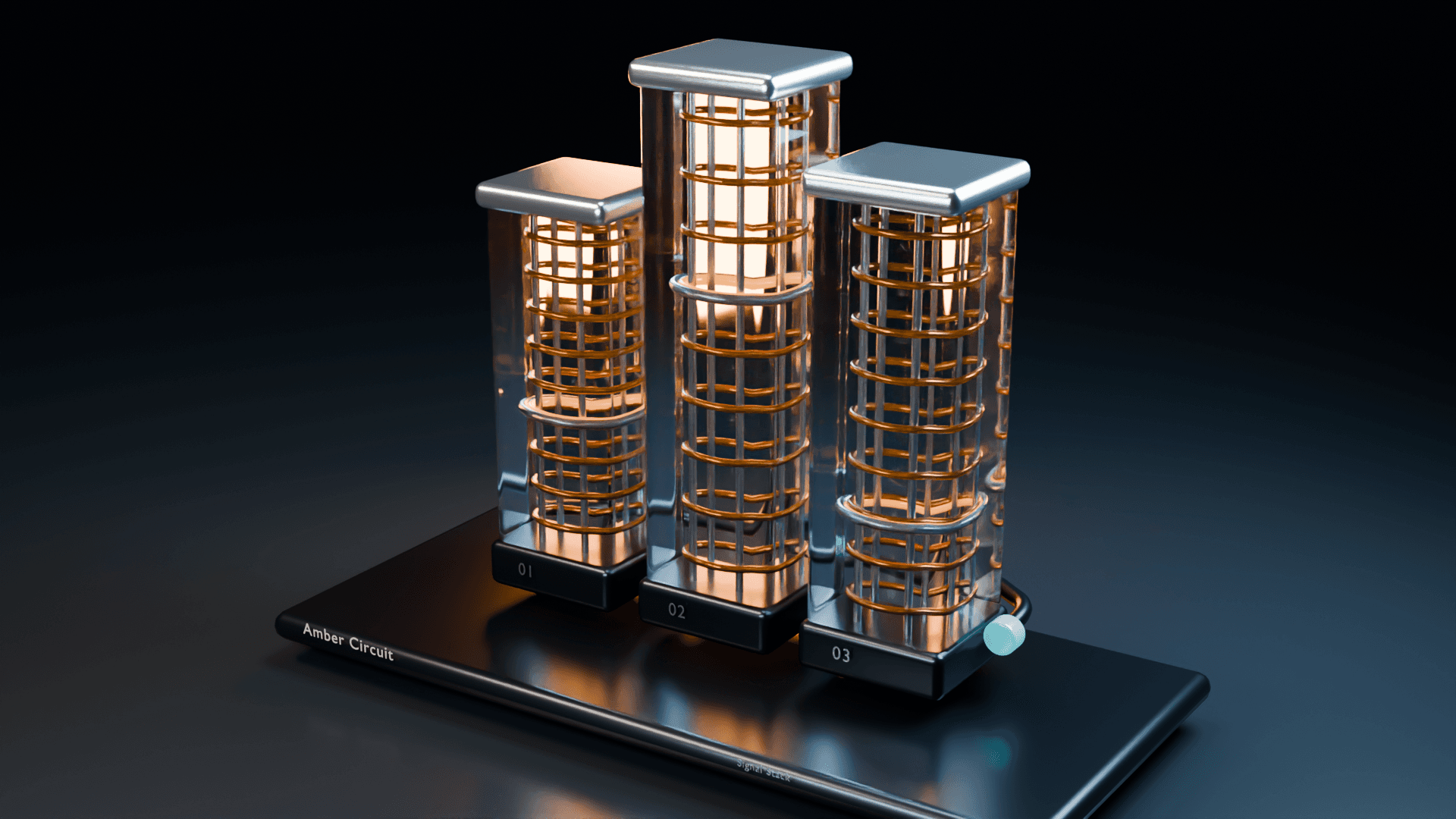 Original arrangement of three optical scanning columns at different heights with transparent shells, silver surfaces and amber light