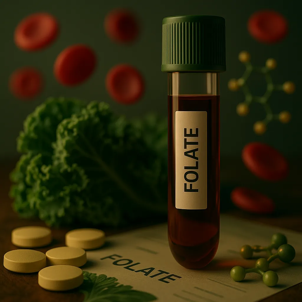 Folate: “Blood tube labeled folate with leafy greens, yellow tablets, and red blood cells in the background.”