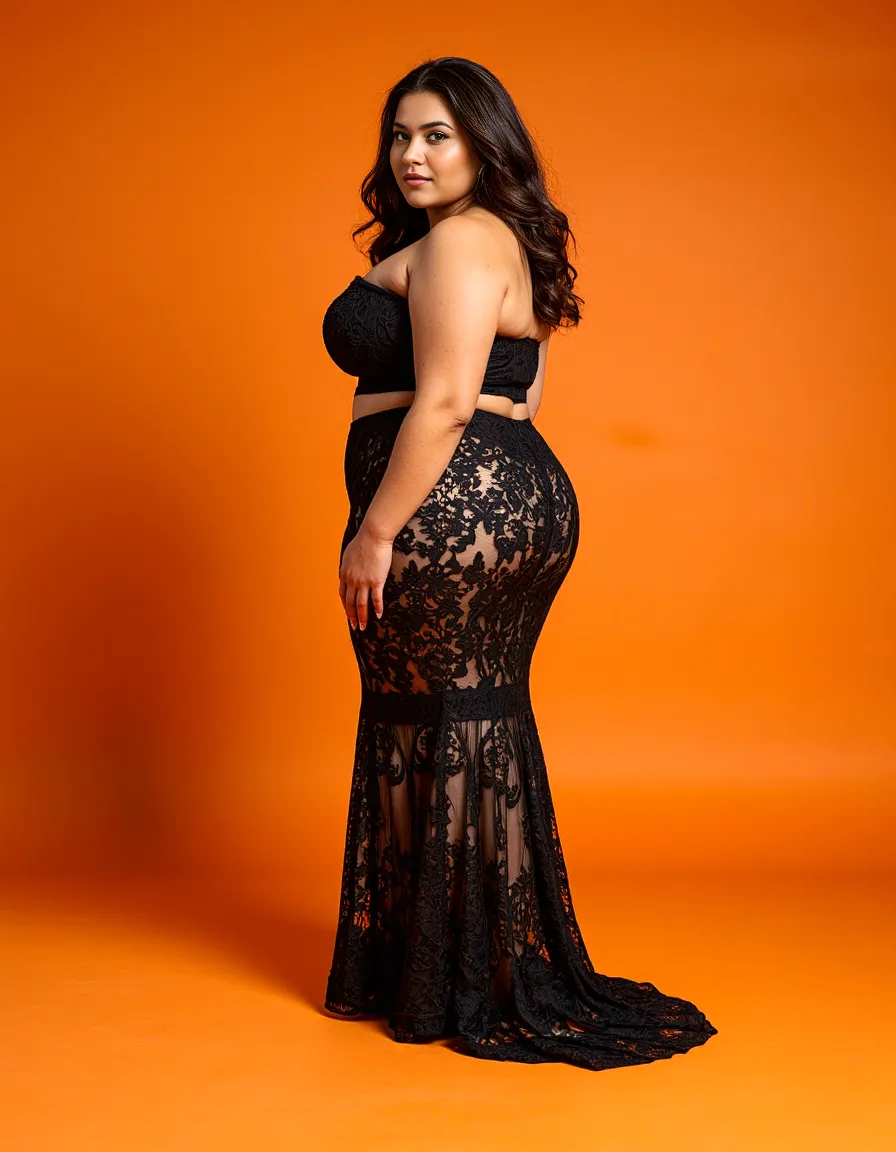 Model wearing elegant black lace two-piece outfit with flowing skirt against vibrant orange backdrop, showcasing curve-enhancing fashion.