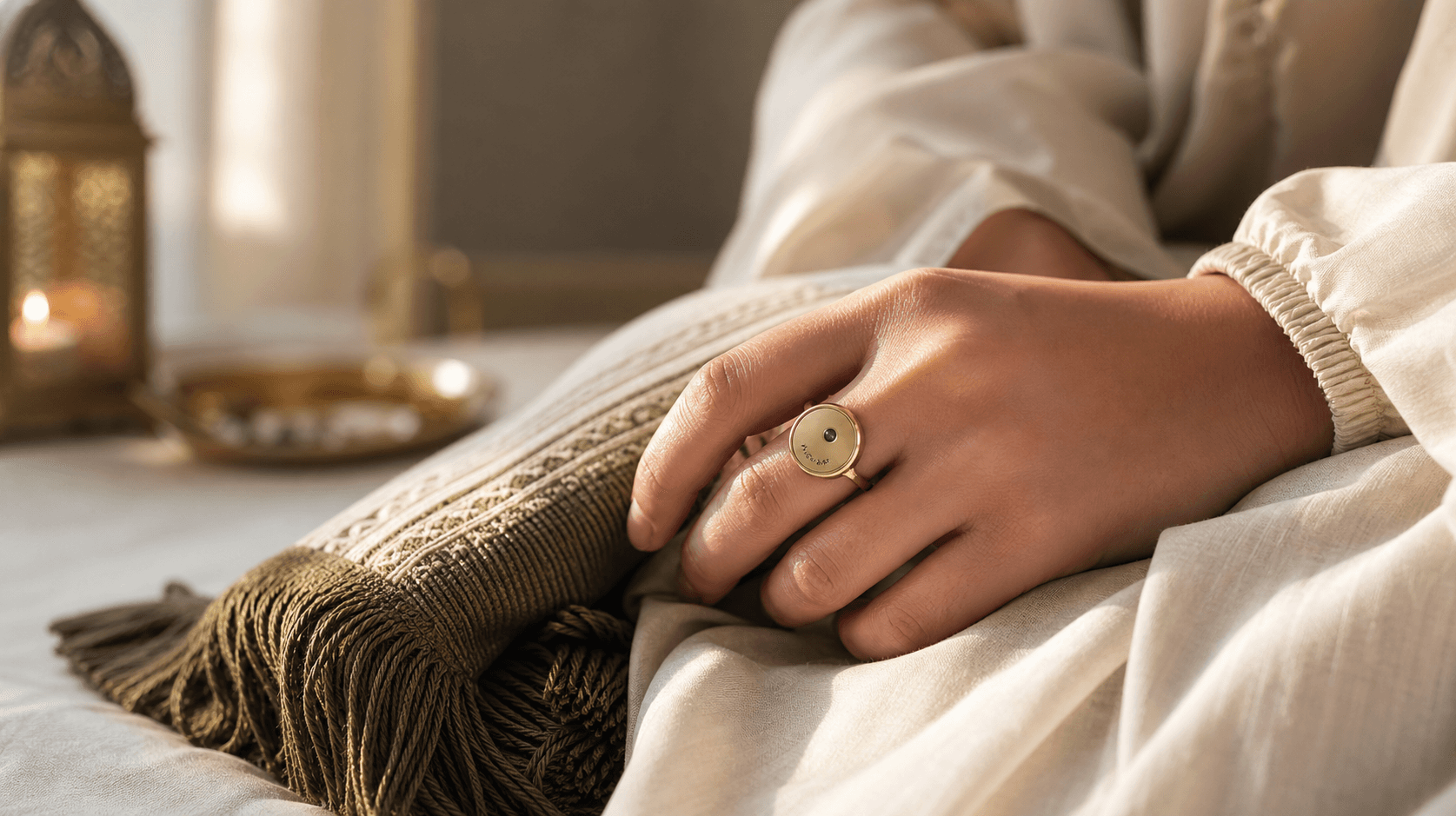 A Ramadan gift for her that lasts: a woman wears a smart dhikr ring beside a folded prayer mat