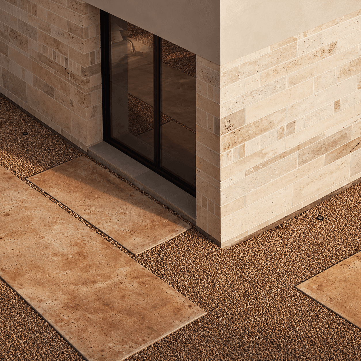 Earth wall and stone floor in afternoon light