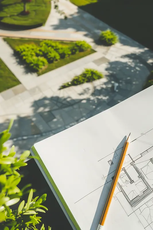 Landscape design plan with garden layout and drawings, project planning stage