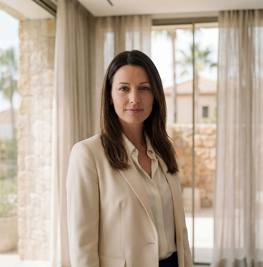 Professional female real estate advisor portrait in luxury Marbella villa interior with natural light