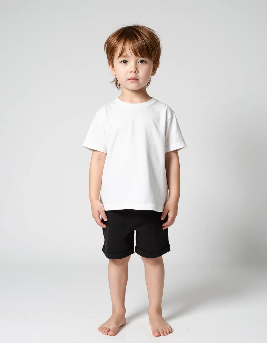 Child in minimalist outfit with white t-shirt and black shorts standing against neutral background in professional catalogue style