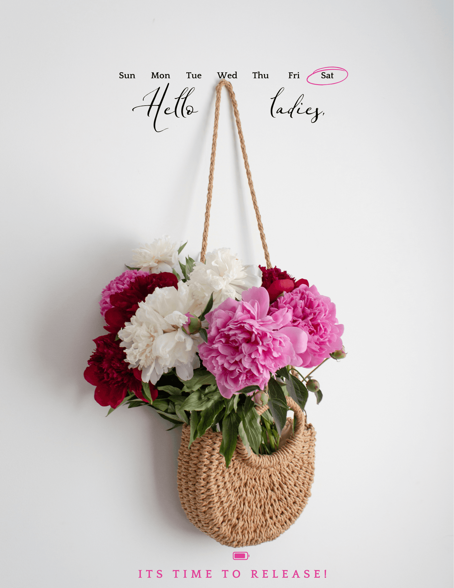 Pink and white flowers in a woven basket