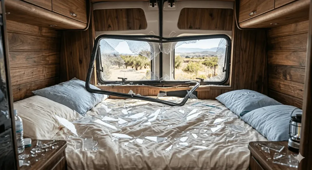 Ventana lateral de una furgoneta camper rota tras un robo con fuerza en una zona de playa.