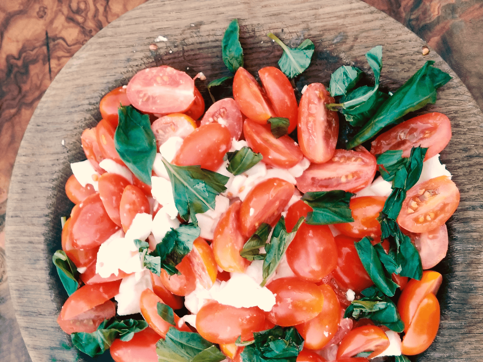 Tomato, Mozarella and Basil Salad in a Rustic Bowl