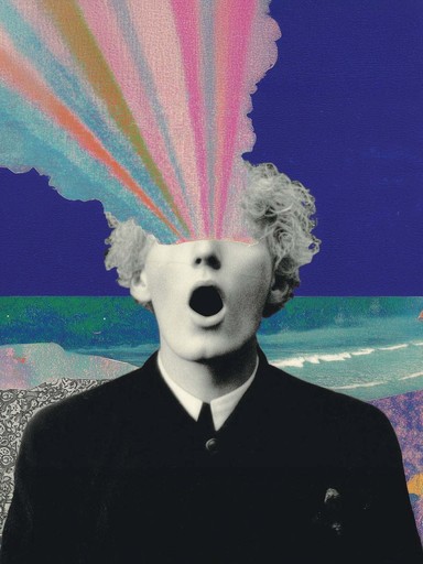 Conceptual surreal art of a person with rainbow light bursting from the head, digital collage design.