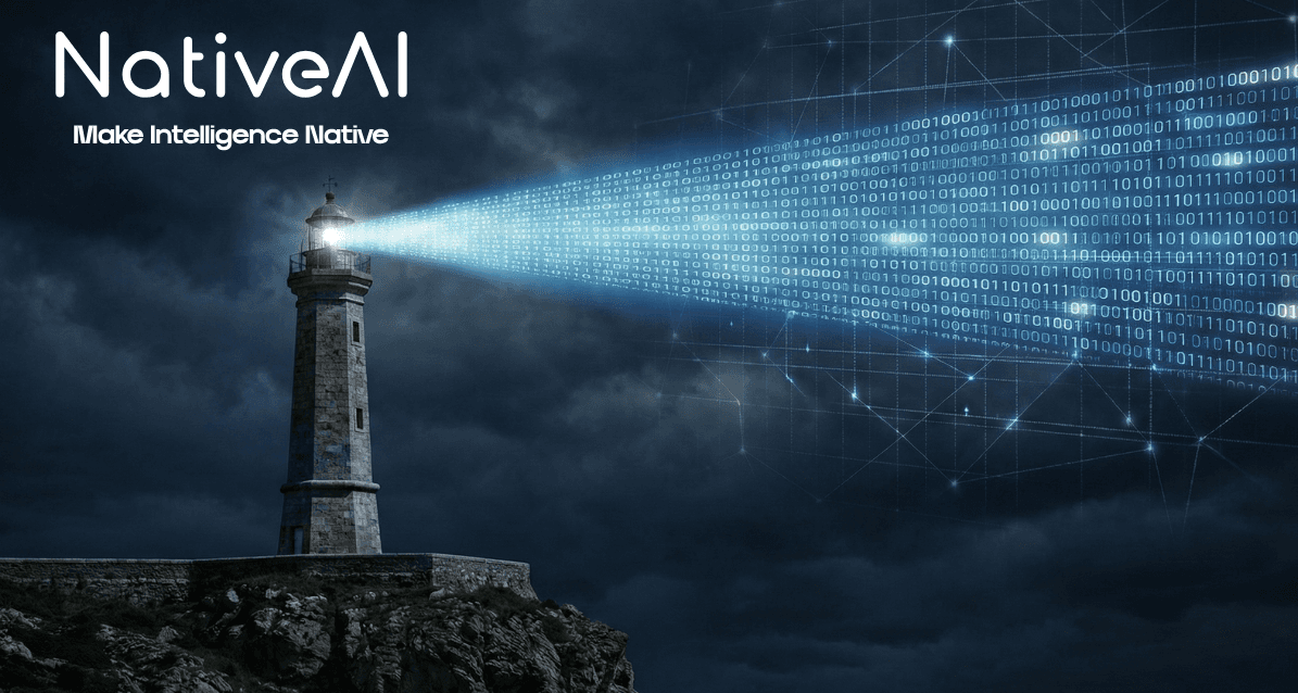 Lighthouse beam cutting through darkness, symbolizing AI-powered clarity for organizations