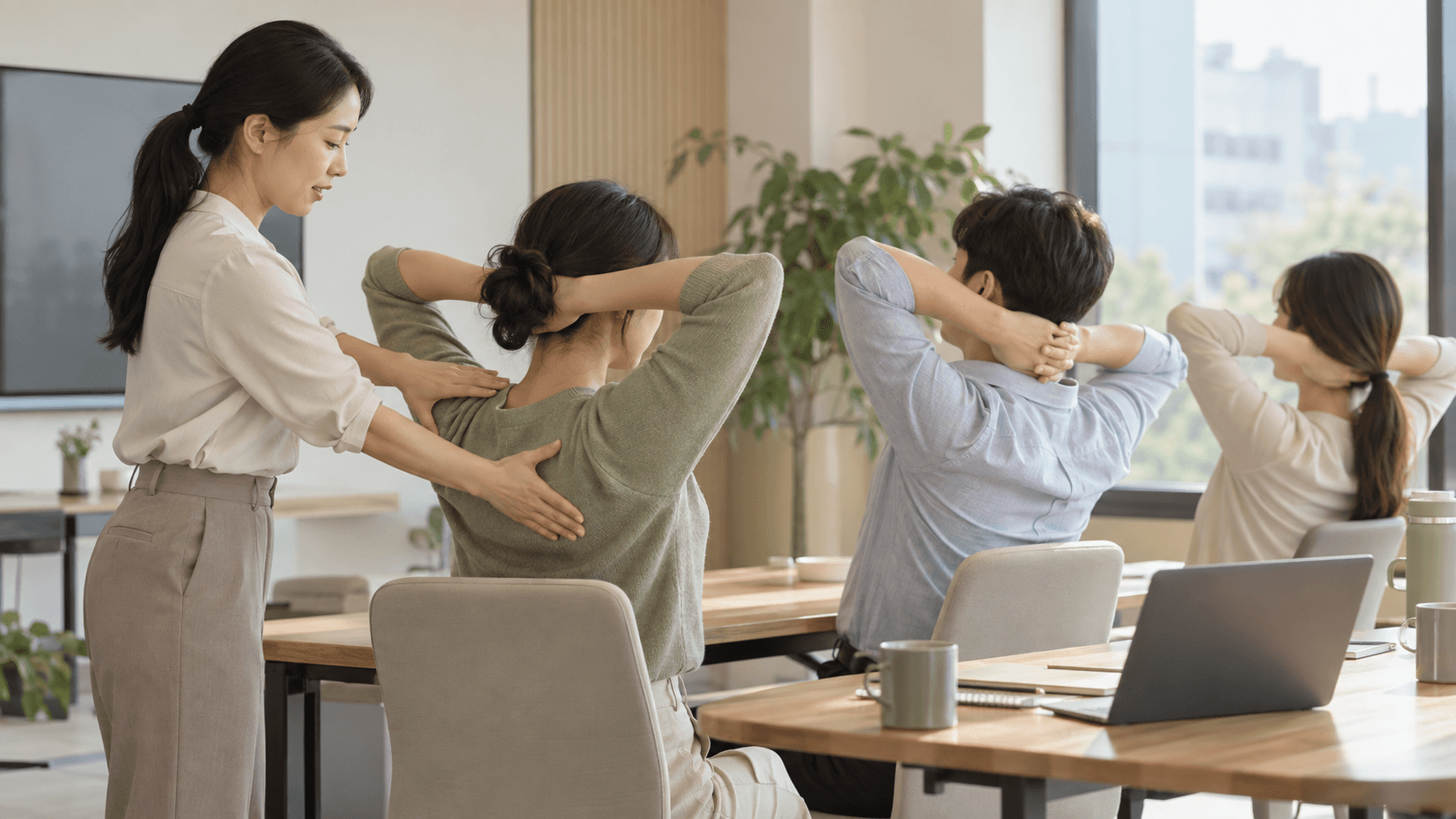 사무실에서 진행하는 오피스 모빌리티 수업에서 강사가 참여자의 자세를 살펴보고 직원들이 목과 어깨를 움직이는 모습