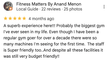 Five-star review screenshot for Legacy Muscle Universe Koh Samui, showcasing member satisfaction with top-tier gym facilities.