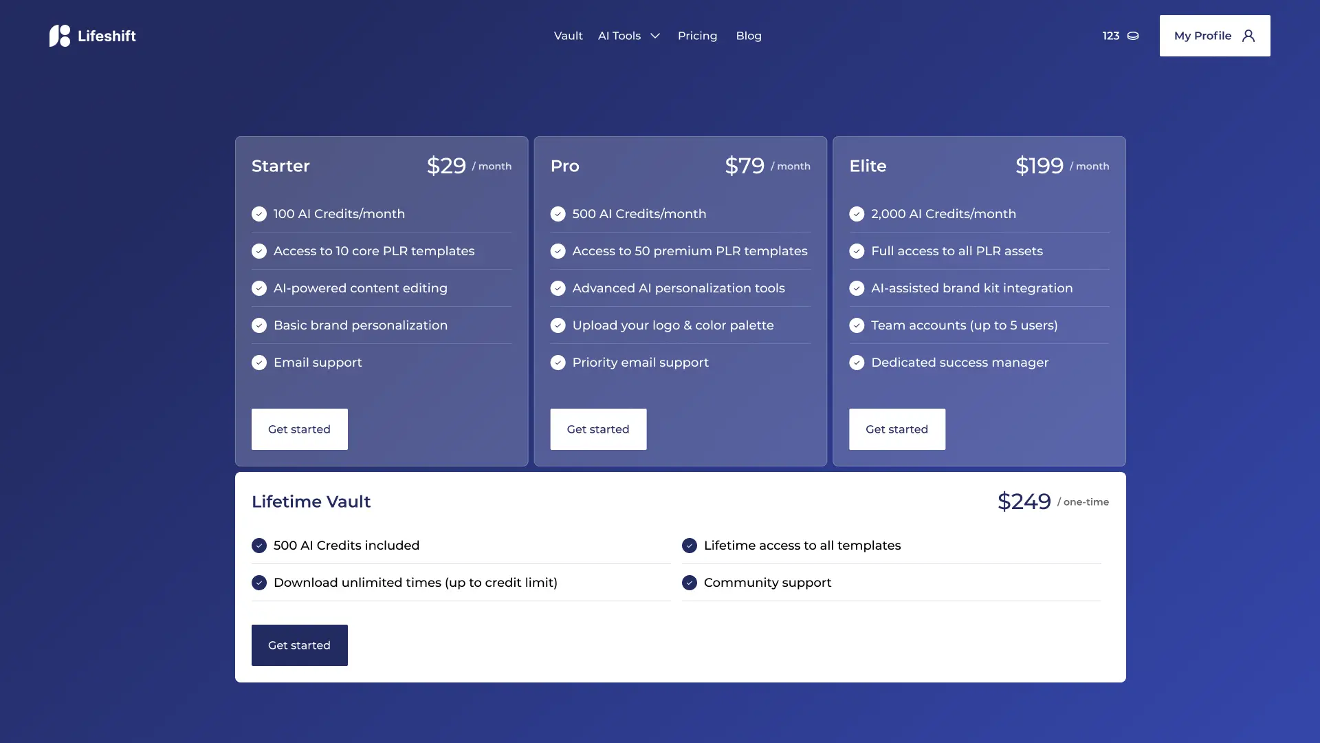 Lifeshift pricing page showing Starter, Pro, Elite and Lifetime Vault plans for the AI content creation platform