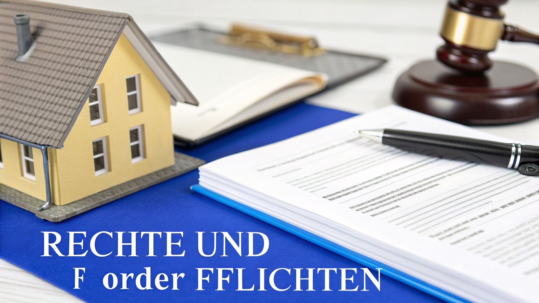 Ein Modellhaus, Dokumente, ein Stift und ein Richterhammer auf blauem Untergrund, symbolisierend Immobilienrecht und Pflichten.