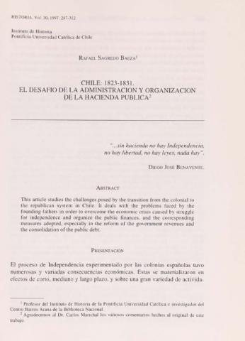 Chile: 1823-1831. El desafío de la administración y organización de la hacienda pública