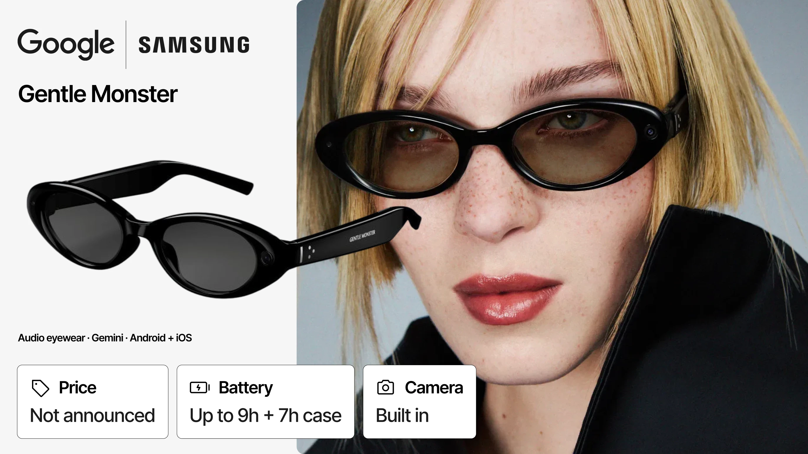 Google and Samsung Gentle Monster glasses beside a model wearing the dark oval frames.