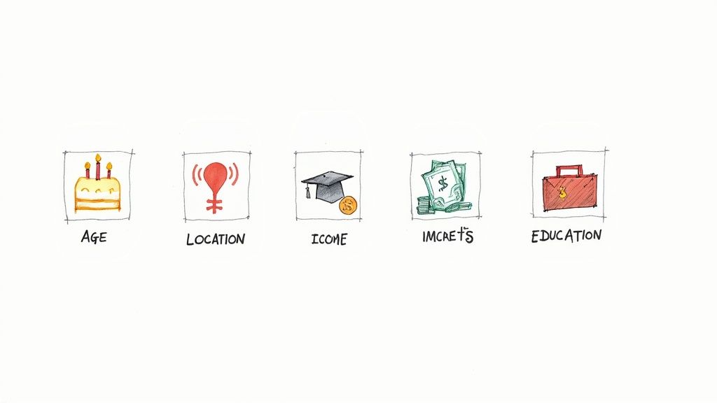 A simple, clean visual showing icons for different demographic metrics like age, location, gender, and occupation.