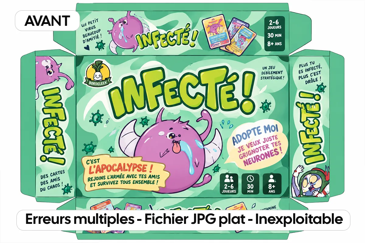 Packaging de jeu de société généré par IA, avec illustrations colorées et texte intégré sur la boîte.