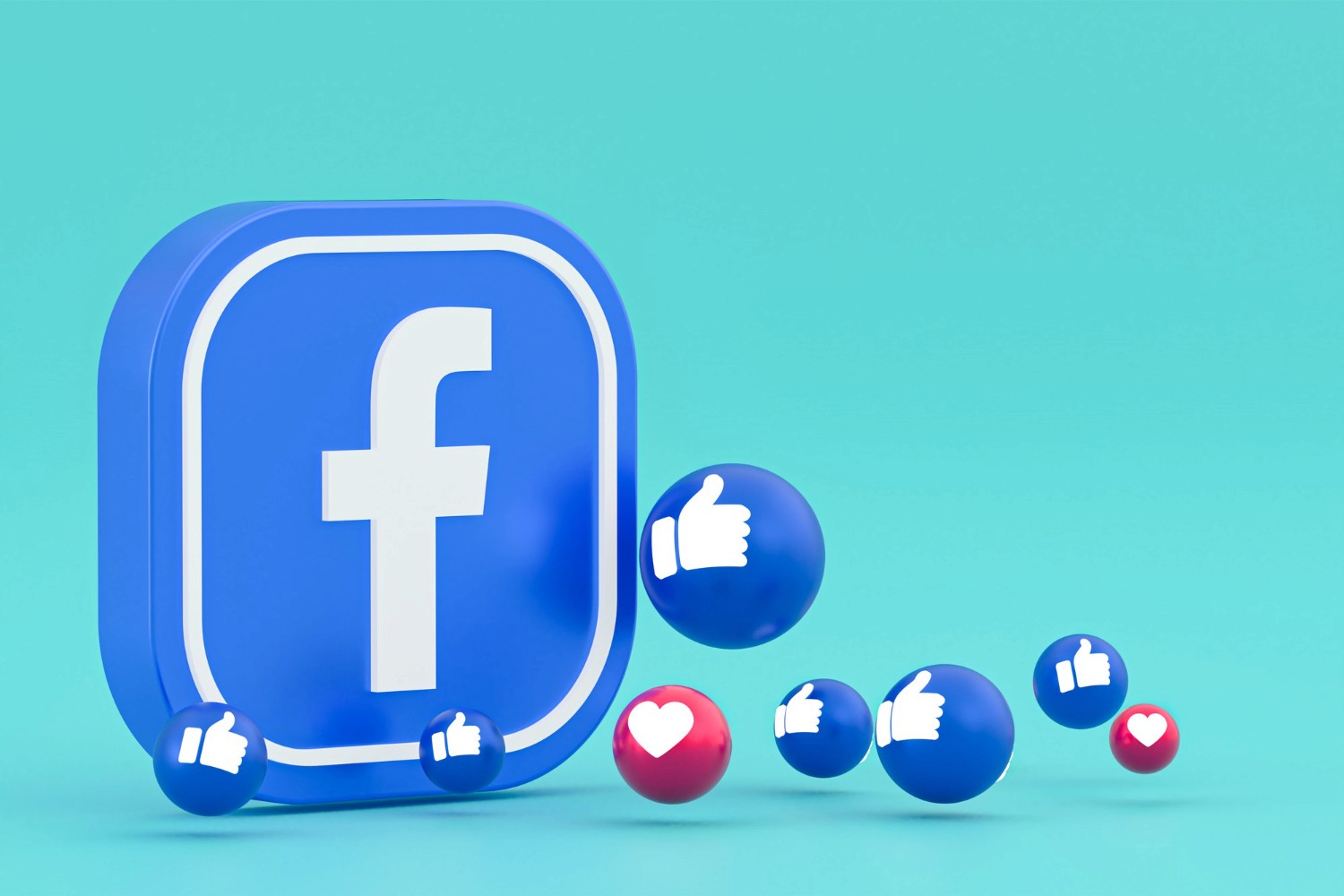 Facebook logo in 3D with various social media icons displayed on a blue backdrop.