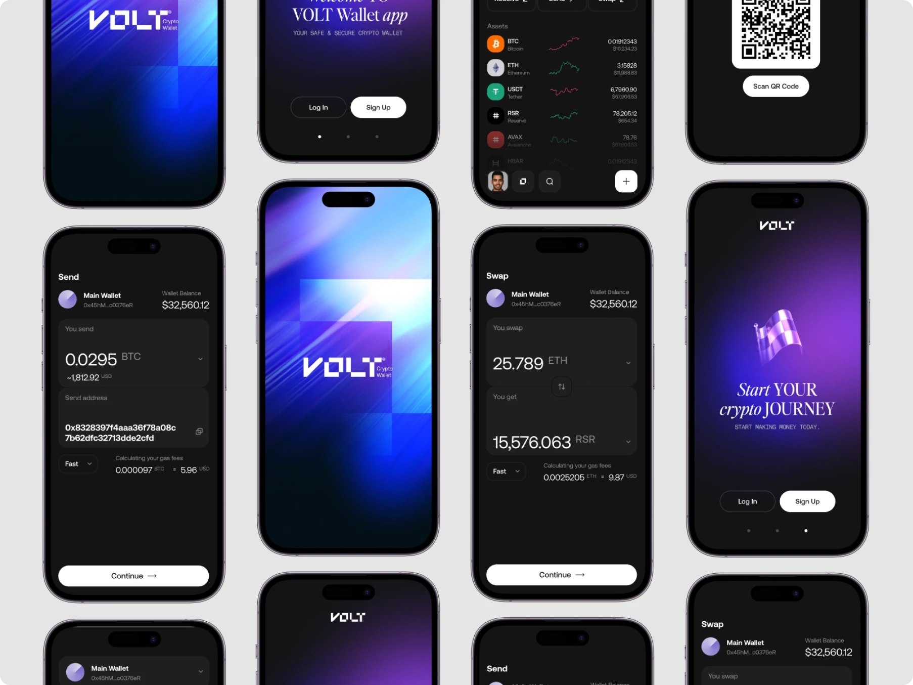 Collage of VOLT crypto wallet app screens showing login, QR code, Bitcoin and Ethereum transfers, balances, and blue-purple branding.