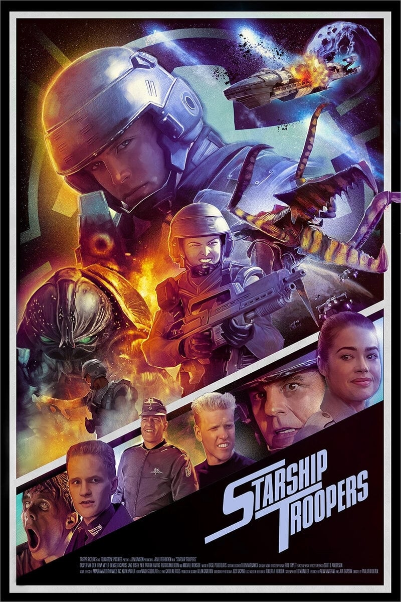 Starship Troopers Deadlock promo poster showing 3 military characters from the movie, a woman in overalls, a person in body armour, and a man in a soldiers outfit. 