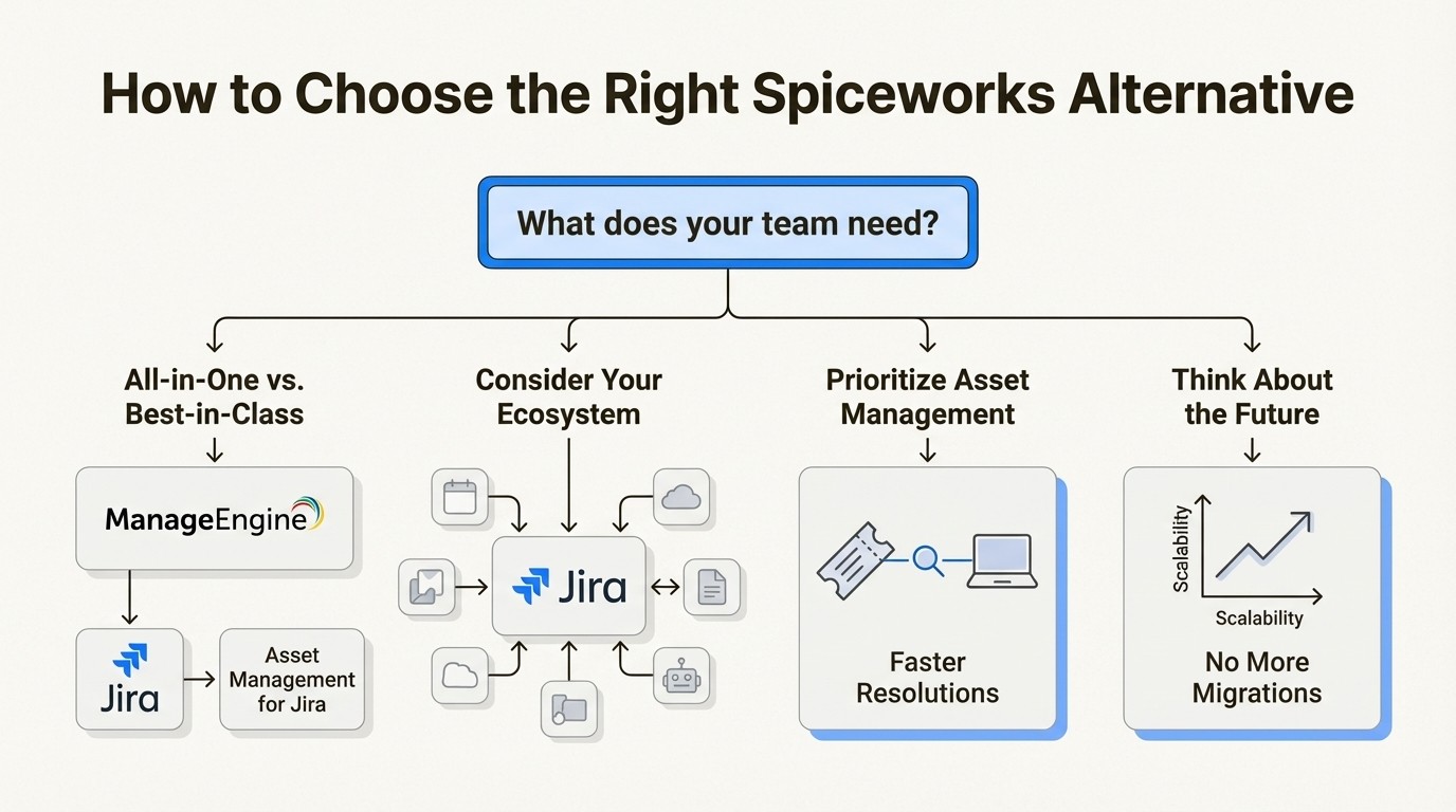 An infographic detailing key factors when choosing from Spiceworks alternatives, such as integrations and scalability.
