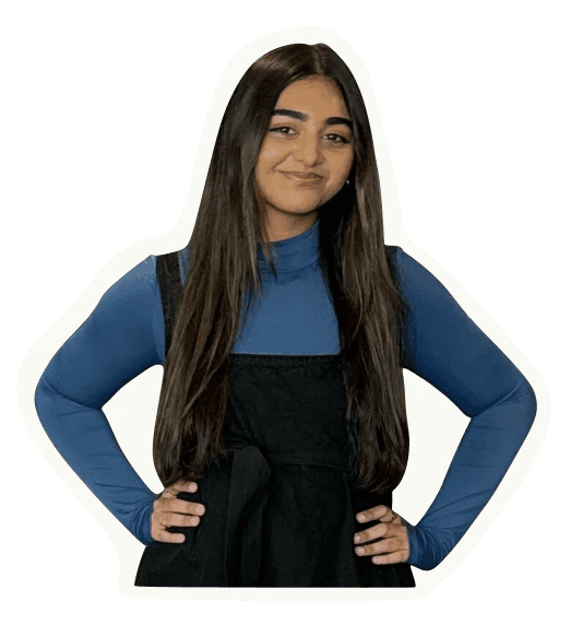 A sticker of a woman smiling and hands on her hips.