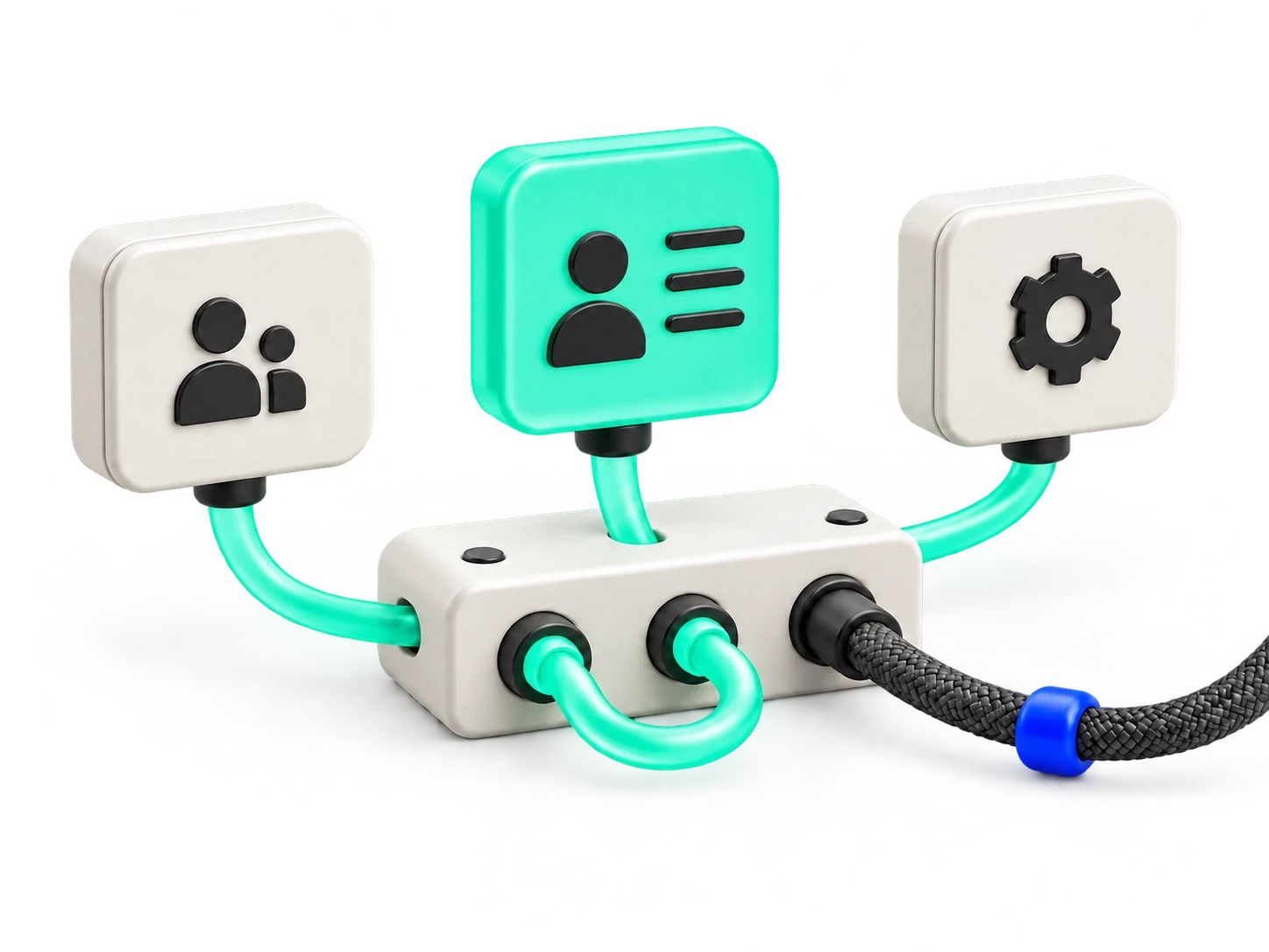 Braided cables connect a compact ivory and graphite CRM hub to record tiles.