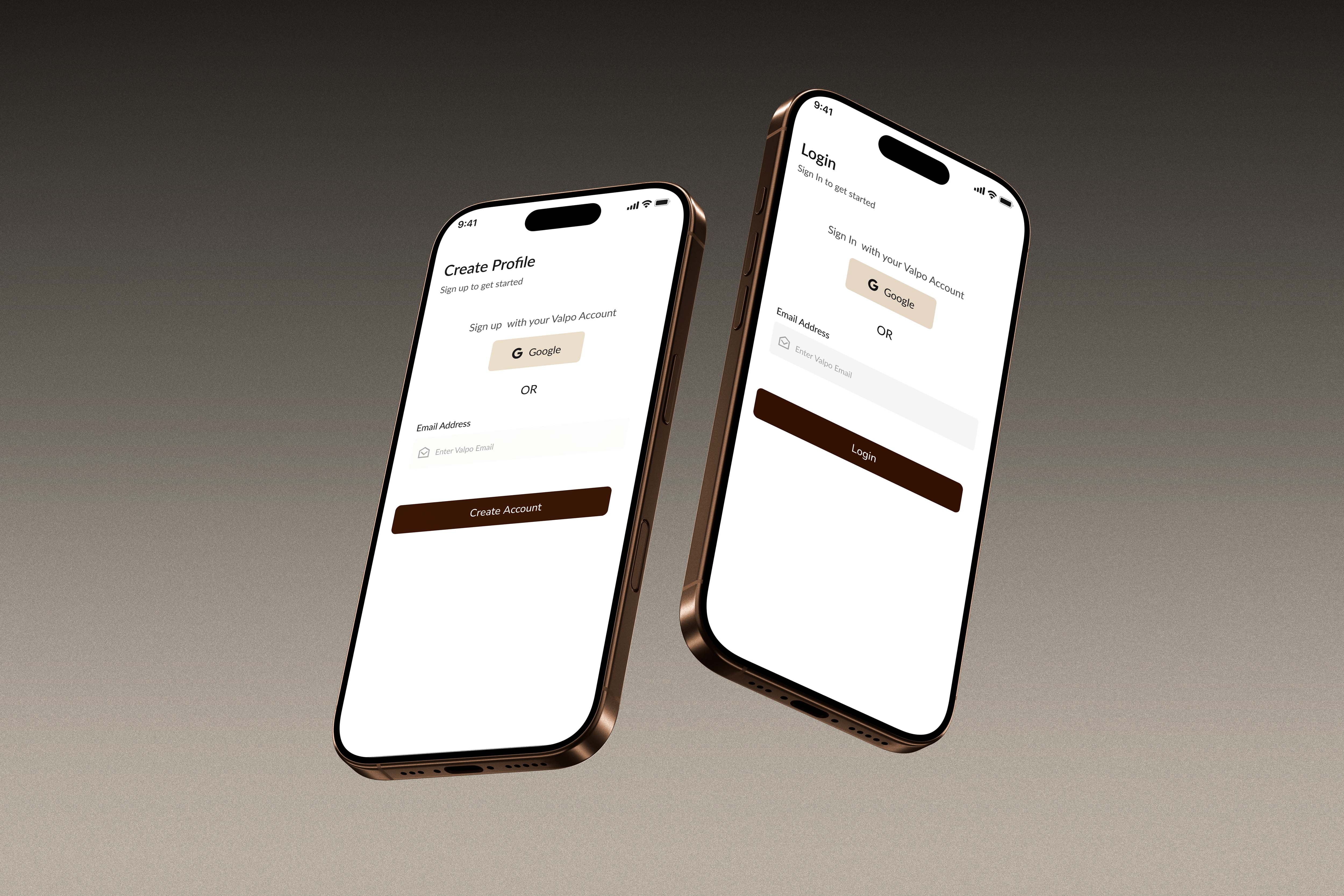 Two modern smartphones displaying a login and profile creation interface, showcasing sleek mobile UI design and emphasizing user-friendly UX elements, ideal for UI/UX designers and product designers.