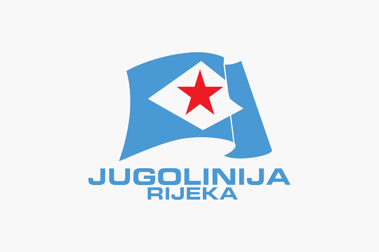 Jugolinija Logo. Blue flag with a white diamond and red star with the words Jugolinija Rijeka below in sans serif captial letters
