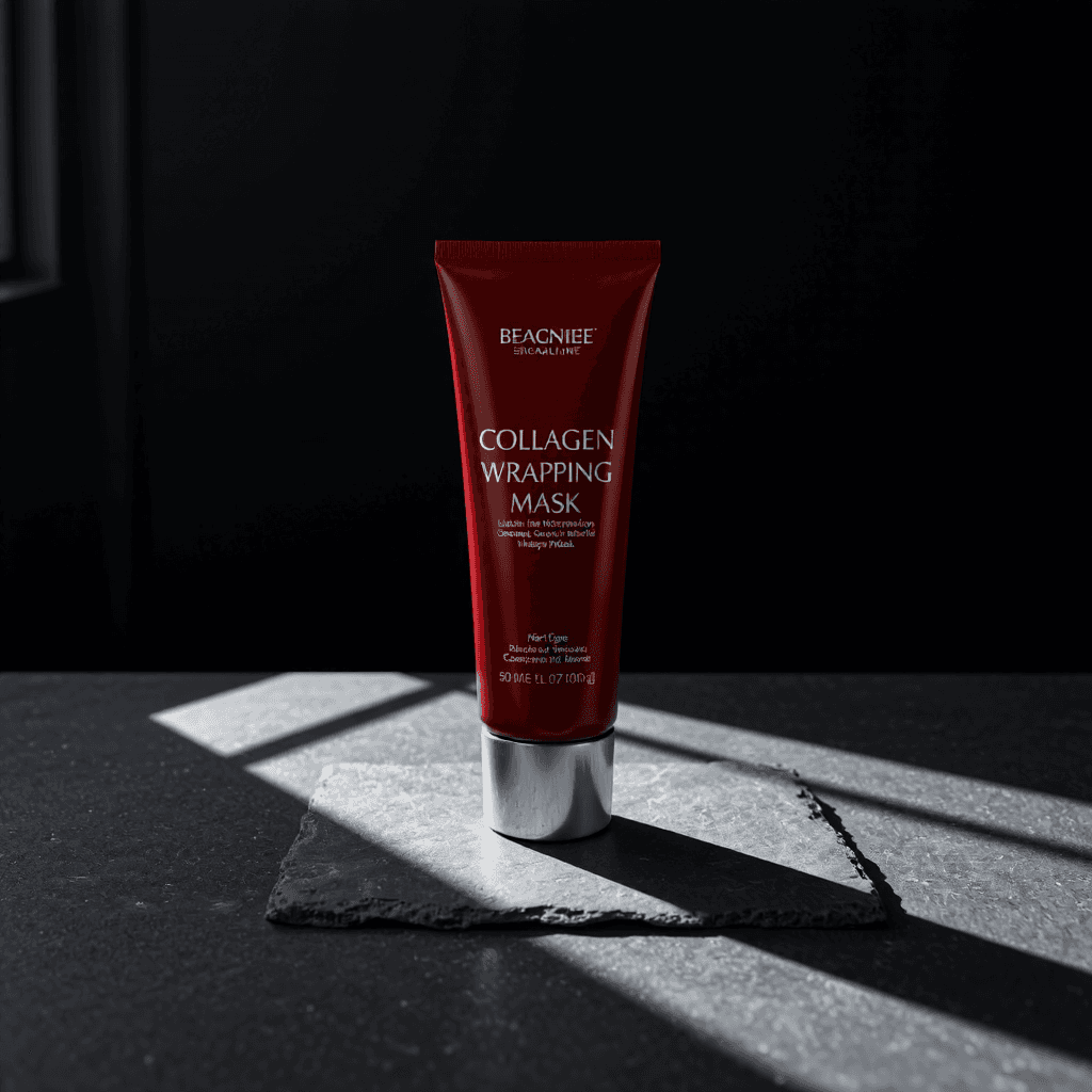 product photography of tube of collagen wrapping mask