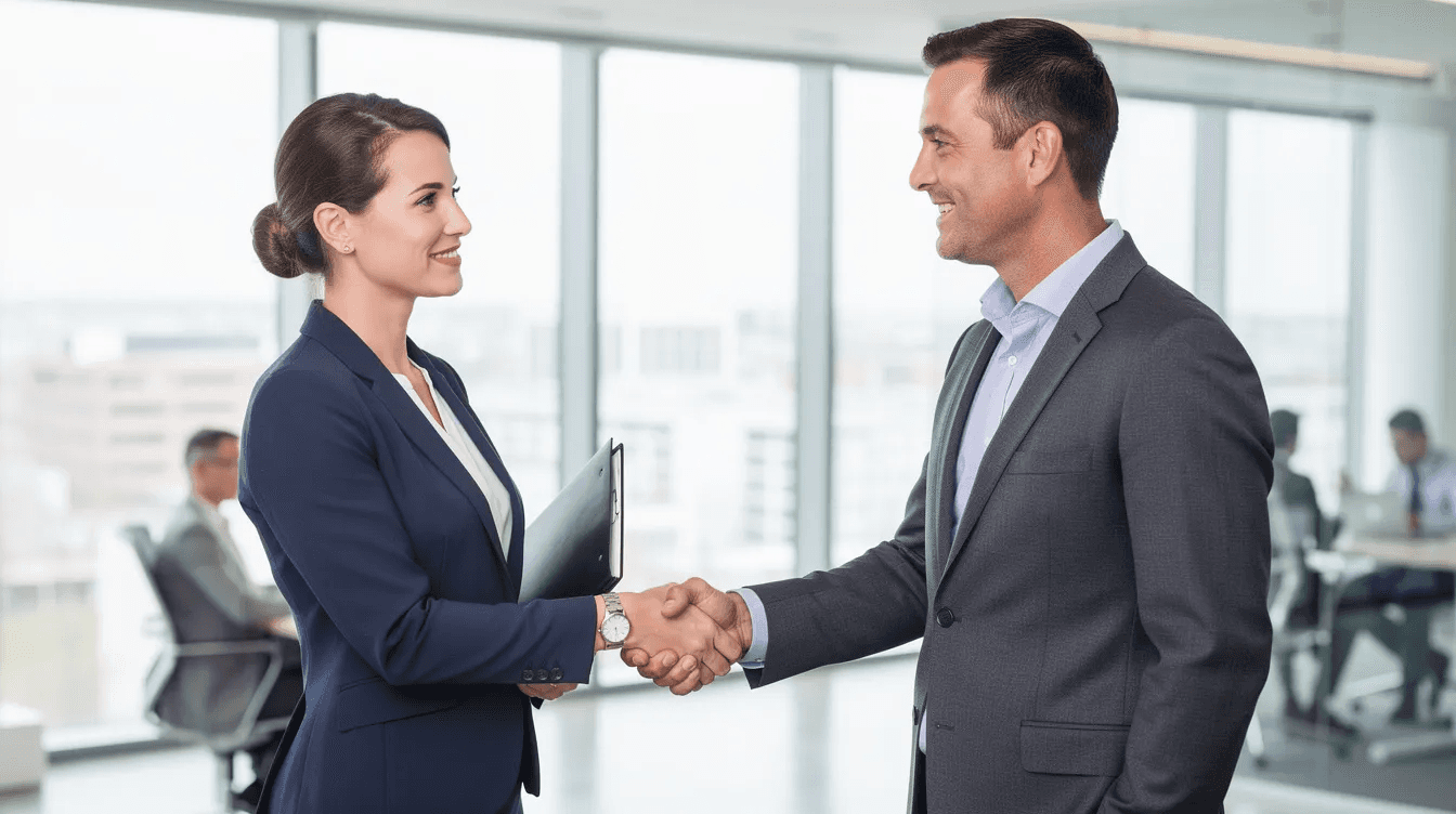 In a professional office setting, two individuals are shaking hands, symbolizing a successful partnership or agreement. This scene reflects the importance of collaboration in financial planning strategies, such as tax loss harvesting, to effectively manage capital gains and optimize tax savings.