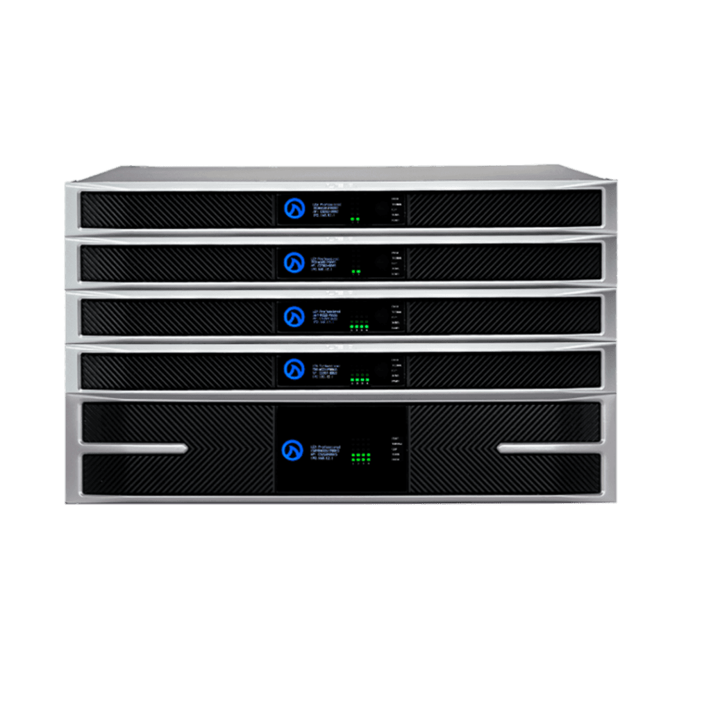 Five rack-mounted audio amplifiers stacked