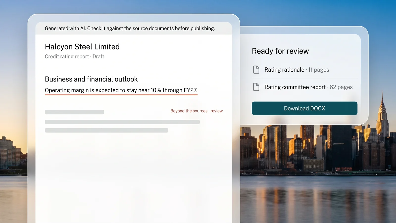 The Word draft opening with a note that it was generated with AI and a projected sentence marked in red for the reviewer, beside the download and the two source documents
