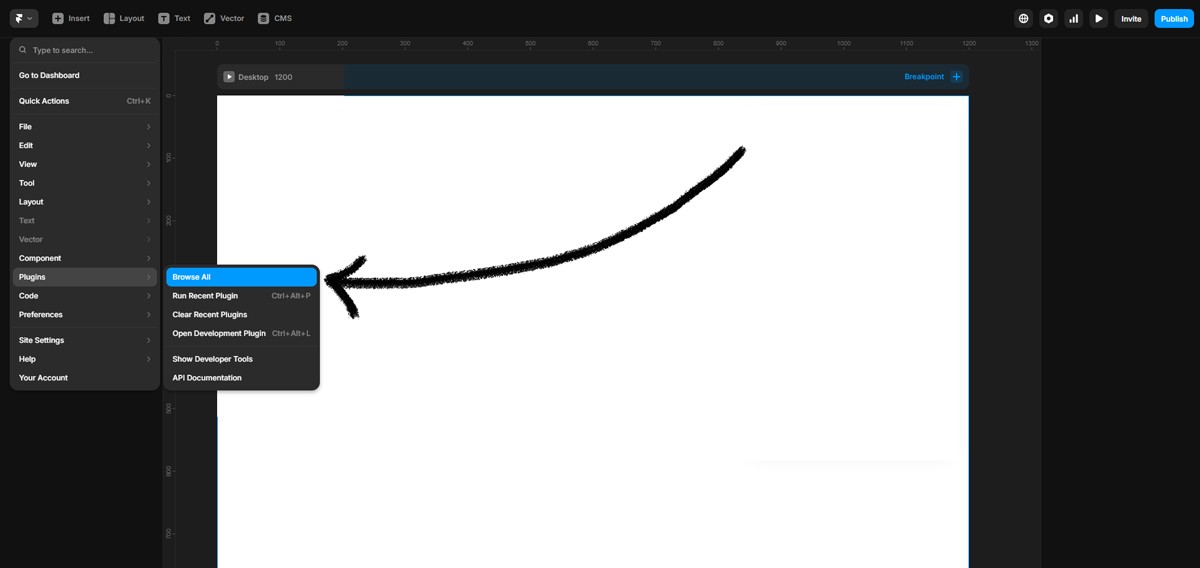 Framer project and arrow key point on the browse all in the Plugin sections