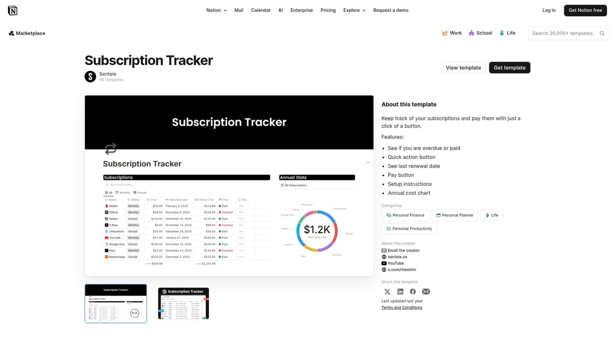 7 Best Notion Finance Template Picks for 2026 - Subscription Tracker by Sentele