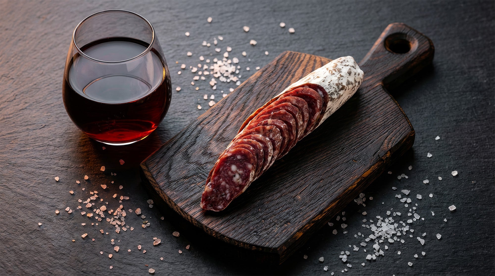 Sliced black truffle salami from Porcellino Artisanal Meats on a wooden board with a glass of red wine on a dark surface