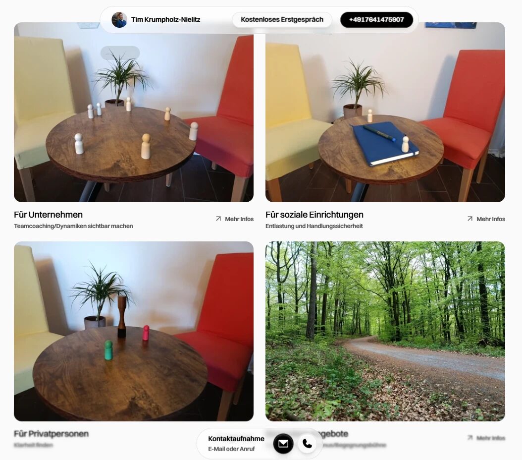 Screenshot: Website von Tim K. – Angebotskacheln „Für Unternehmen“, „Für soziale Einrichtungen“ und „Für Privatpersonen“, oben ein Button „Kostenloses Erstgespräch“ und die Telefonnummer, unten eine feste Kontaktleiste mit E-Mail und Anruf