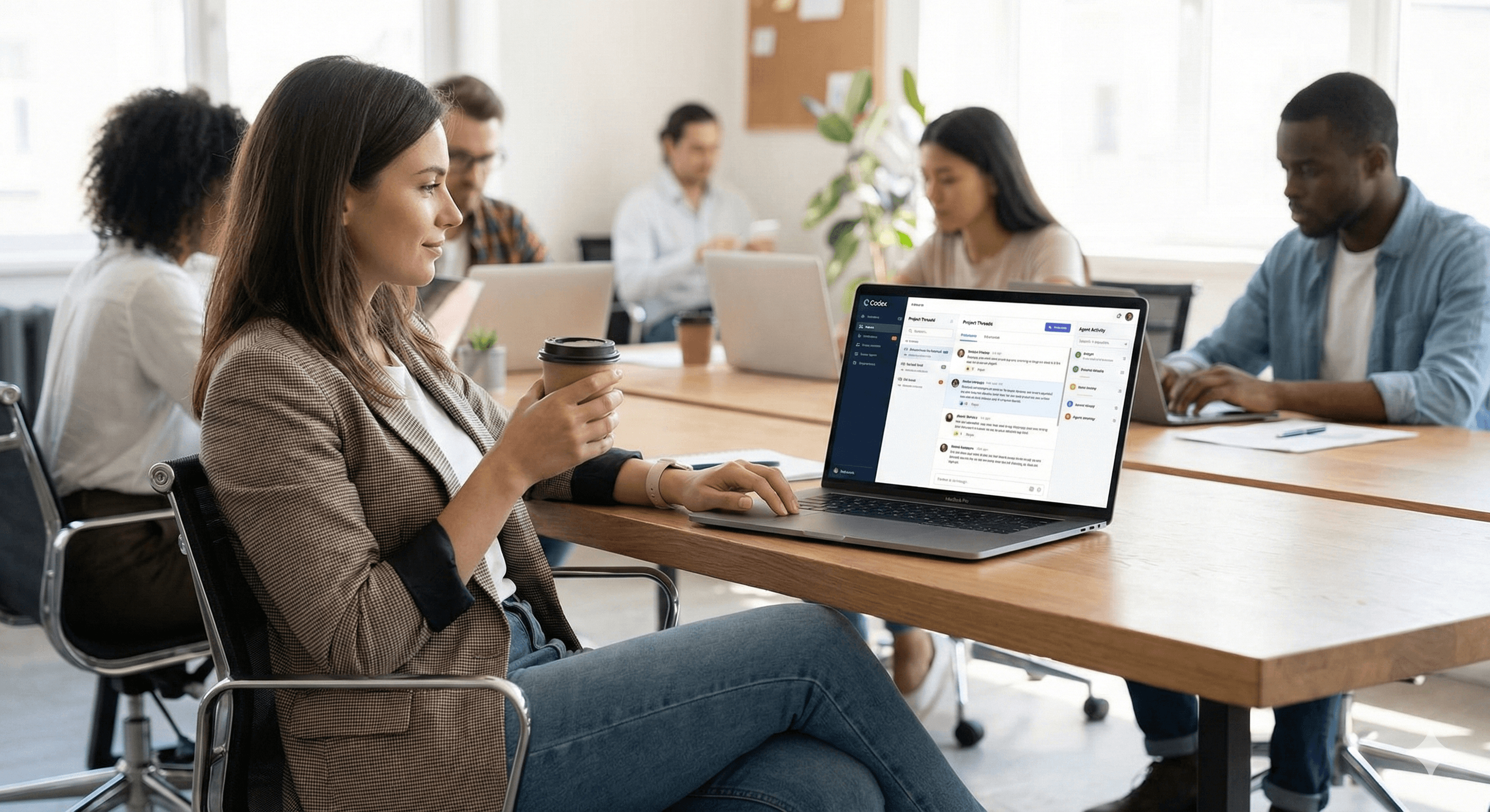 A team of developers collaborate in a modern office, with one holding a coffee cup while using a laptop displaying the OpenAI Codex app, highlighting a multi-agent command centre interface.